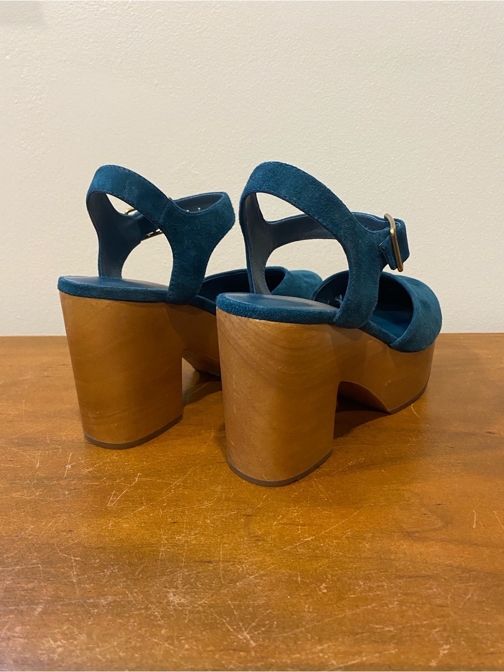 Teal Suede Platform Clog with Ankle Strap - Picture 3 of 6